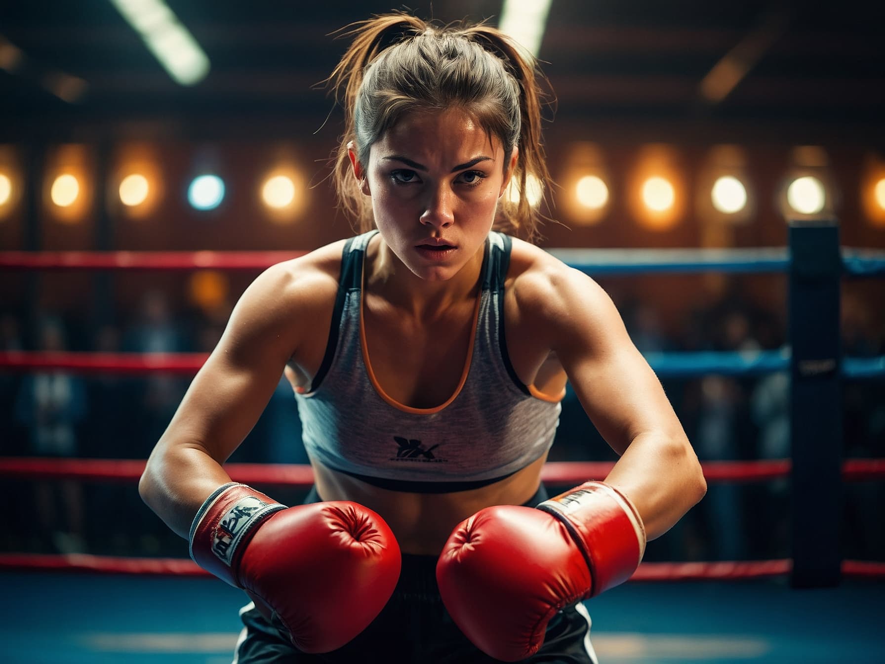 AI generated: a woman wearing boxing gloves in a boxing ring, a stock photo by James Baynes, pexels contest winner...