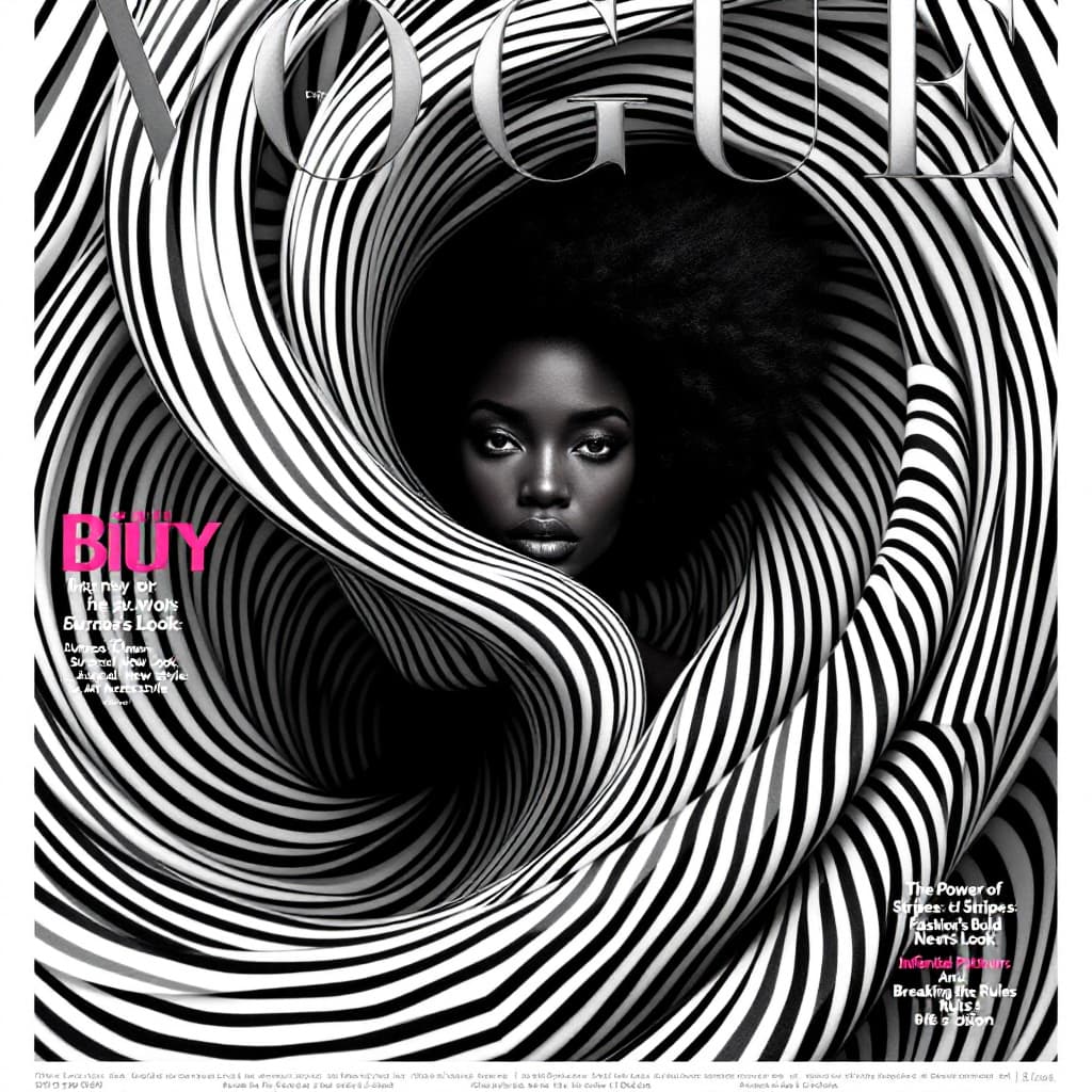 AI generated: VOGUE magazine cover featuring a mesmerizing BLACK woman wrapped in a swirling vortex of stripes. Th...