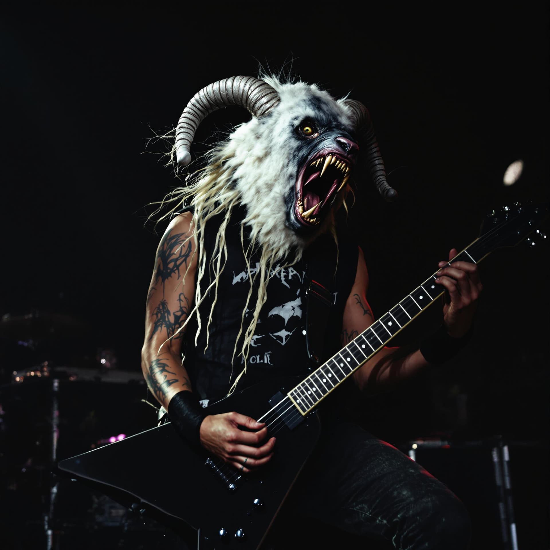 AI generated: Metal guitarist, disguised in a sheep mask, transforms into a wolf, in a dark, intense concert setti...