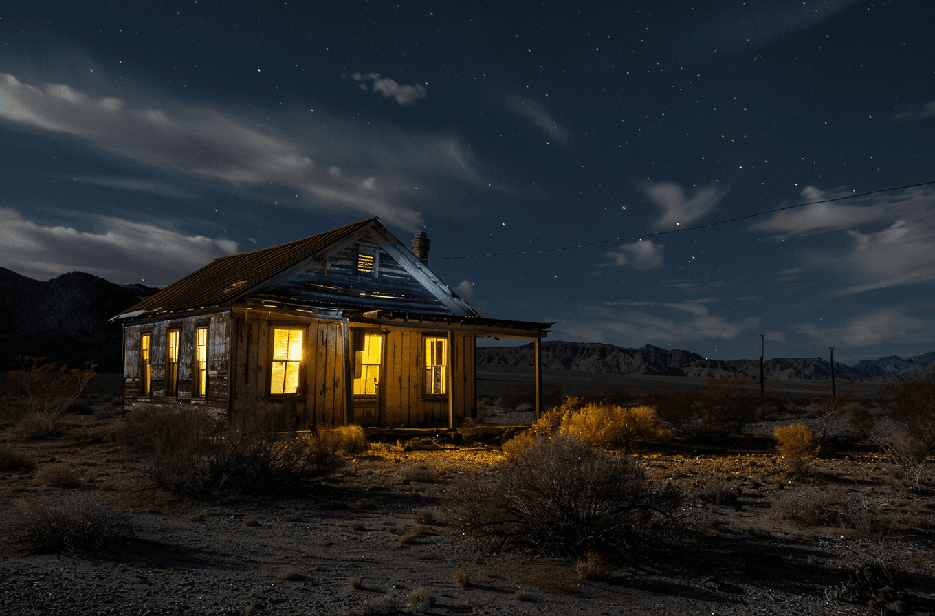 AI generated: A lone, abandoned house in the desert at night with light from an open window shining on its exterio...
