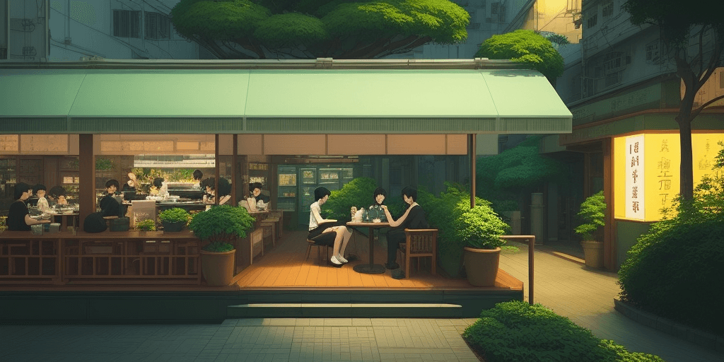AI generated: relaxing cafe in Hong Kong, style of Makoto Shinkai The Garden of Words, aesthetically pleasing, mut...