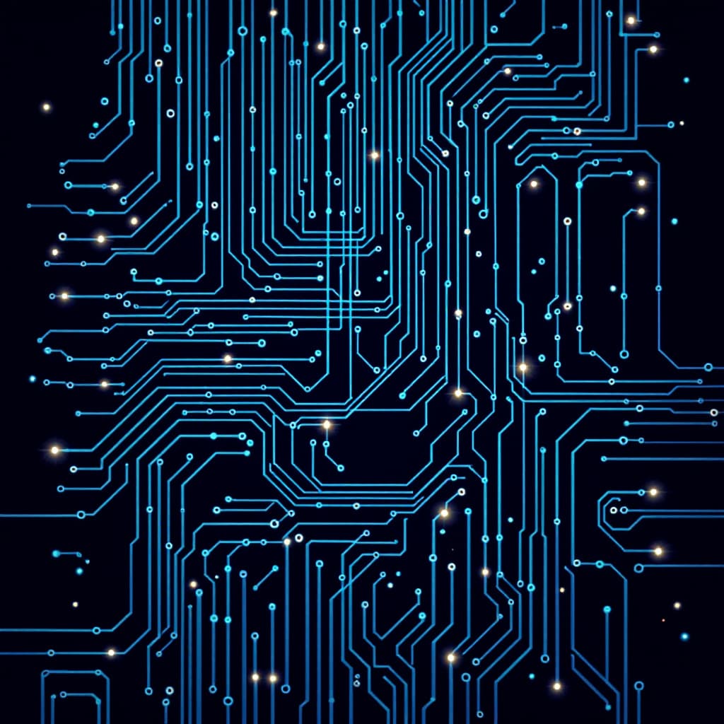 AI generated: 19.	“A complex circuit board blueprint, paths and traces glowing in neon blue and green on a dark di...