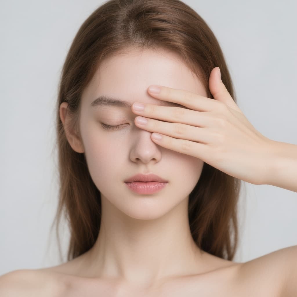 AI generated: a young woman covering both eyes with one hand placed horizontally across her eyes, eyes fully close...