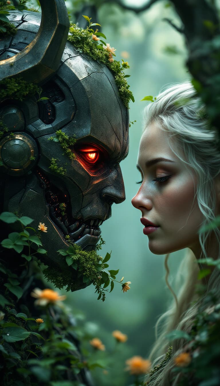 AI generated: A visually striking, hyperrealistic portrayal in 8k octane, of a struggle for balance: A serene, nat...