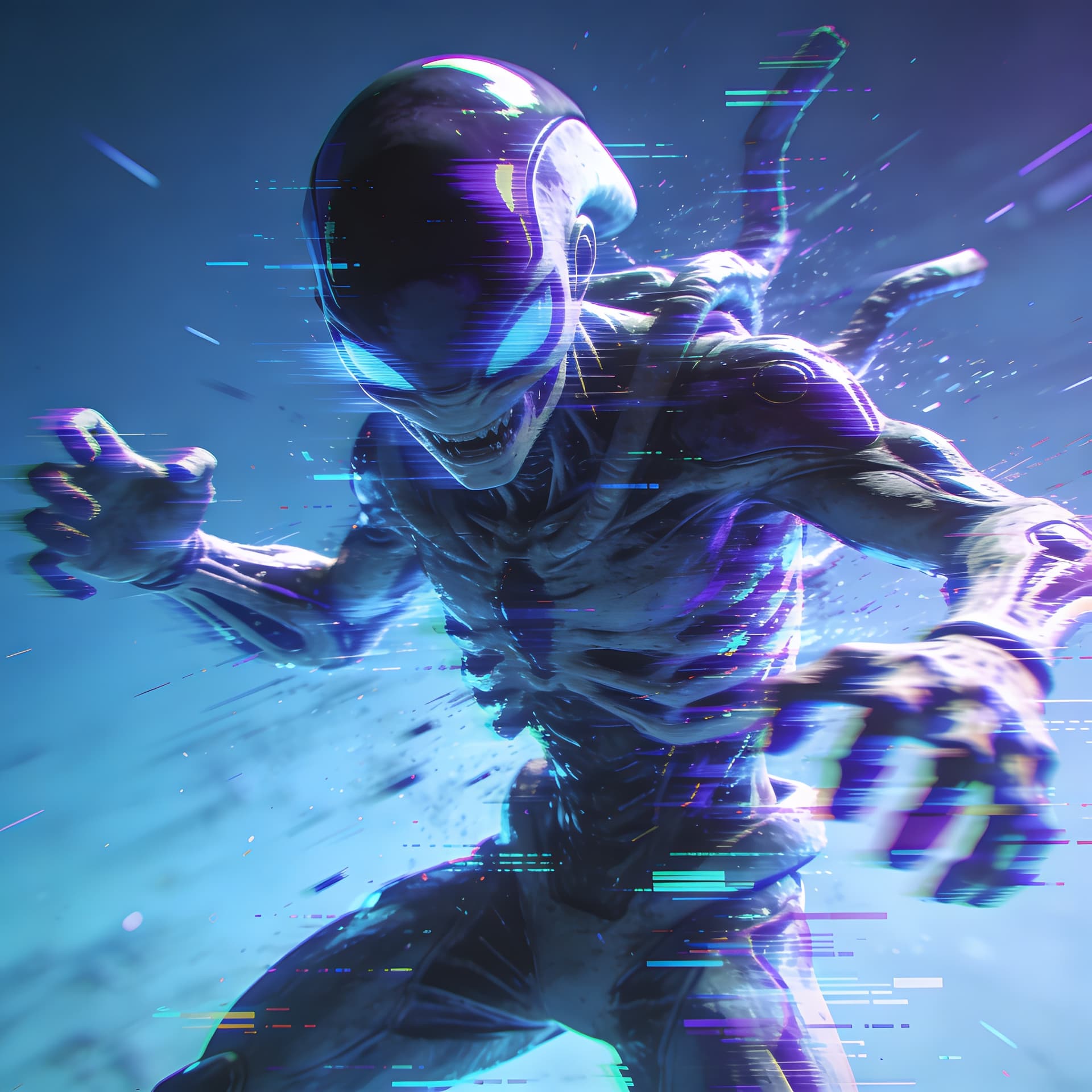 AI generated: 3d animated video game look illustrated space alien that looks like he's glitching out or having a s...