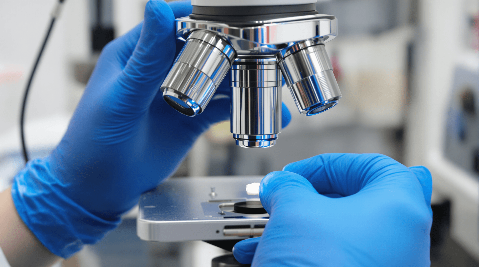 AI generated: Close-up photograph of a pair of hands wearing blue latex gloves, using a microscope to examine a sm...