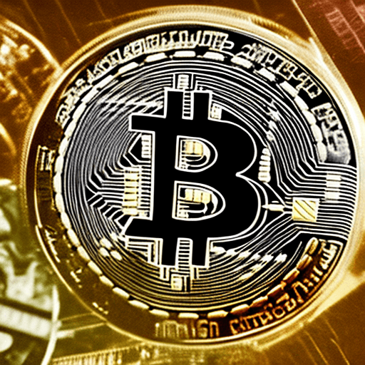 AI generated: rotated bitcoin at an angle in blockchain tech space, mysterious, inspirational, realistic