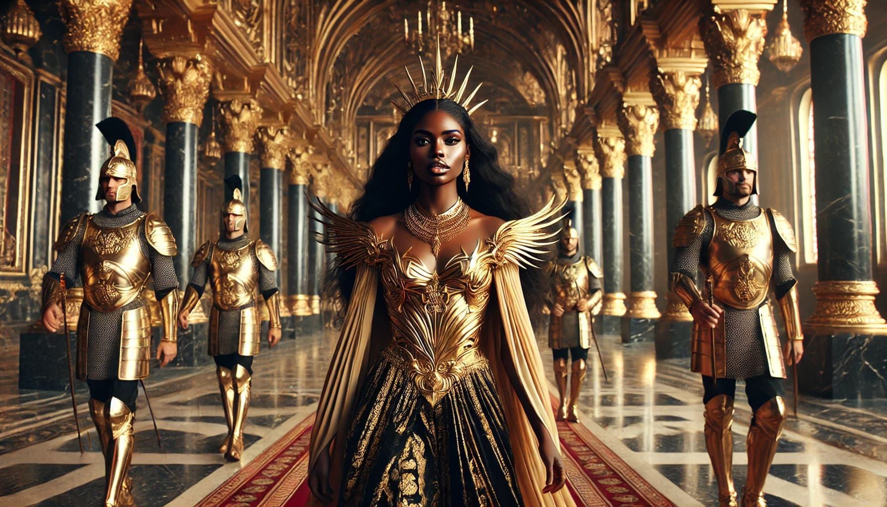 AI generated: A regal African American woman with a caramel skin tone walking confidently through a grand palace w...