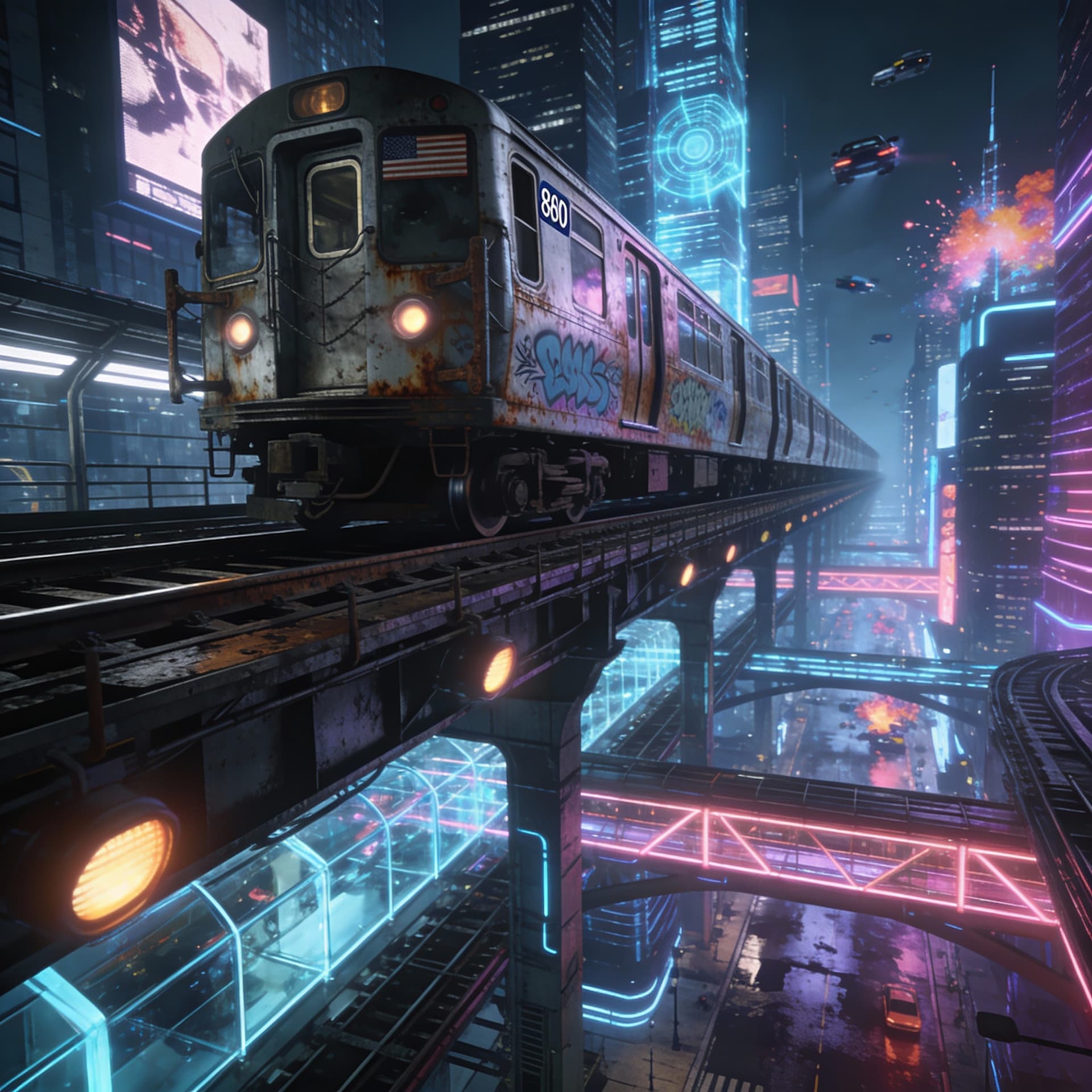 AI generated: OLDSCHOOL 1980'S NY SUBWAY TRAIN ON ELEVATED TRACKS OVER THE CITY, BUT THE CITY IS A FUTURISTIC NEON...