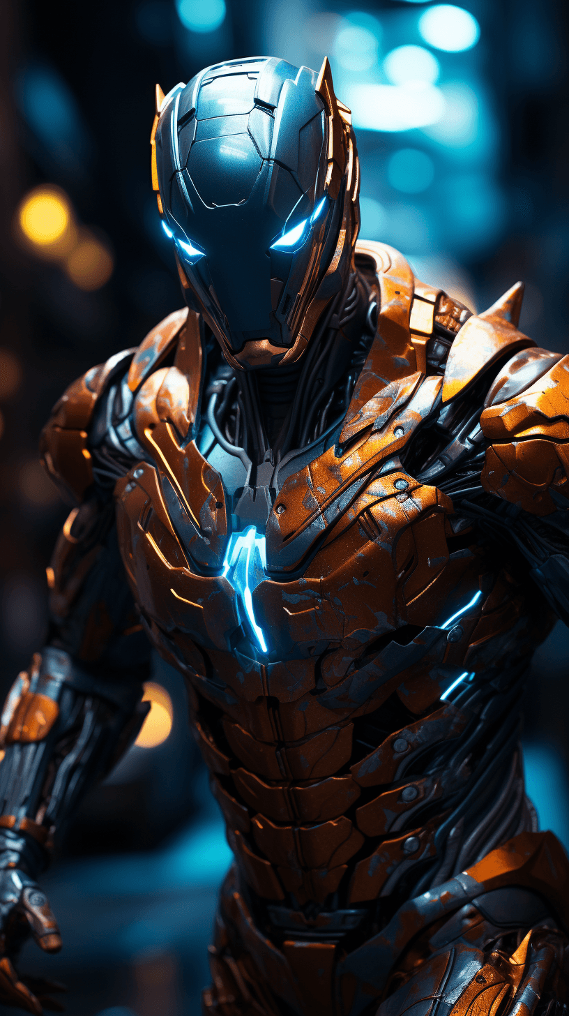 AI generated: a man dressed in iron man armor standing in the dark, in the style of orange and azure, 8k 3d, dark ...