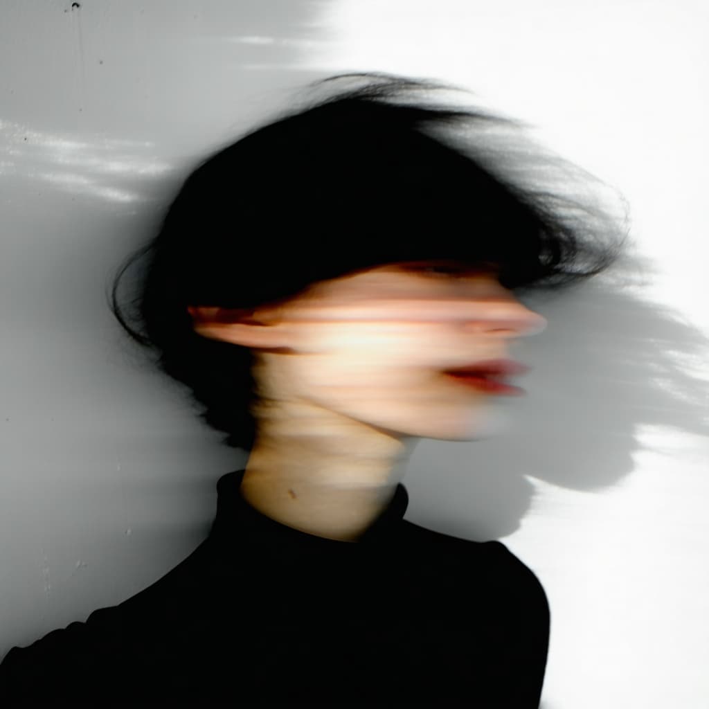 AI generated: blurry image of a girl, in the style of minimalist beauty, androgynous, light black, mote kei, seren...
