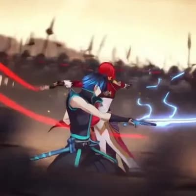 AI generated video: Two anime warriors stand back-to-back against an entire army, camera tracks around them in 360°, bla...