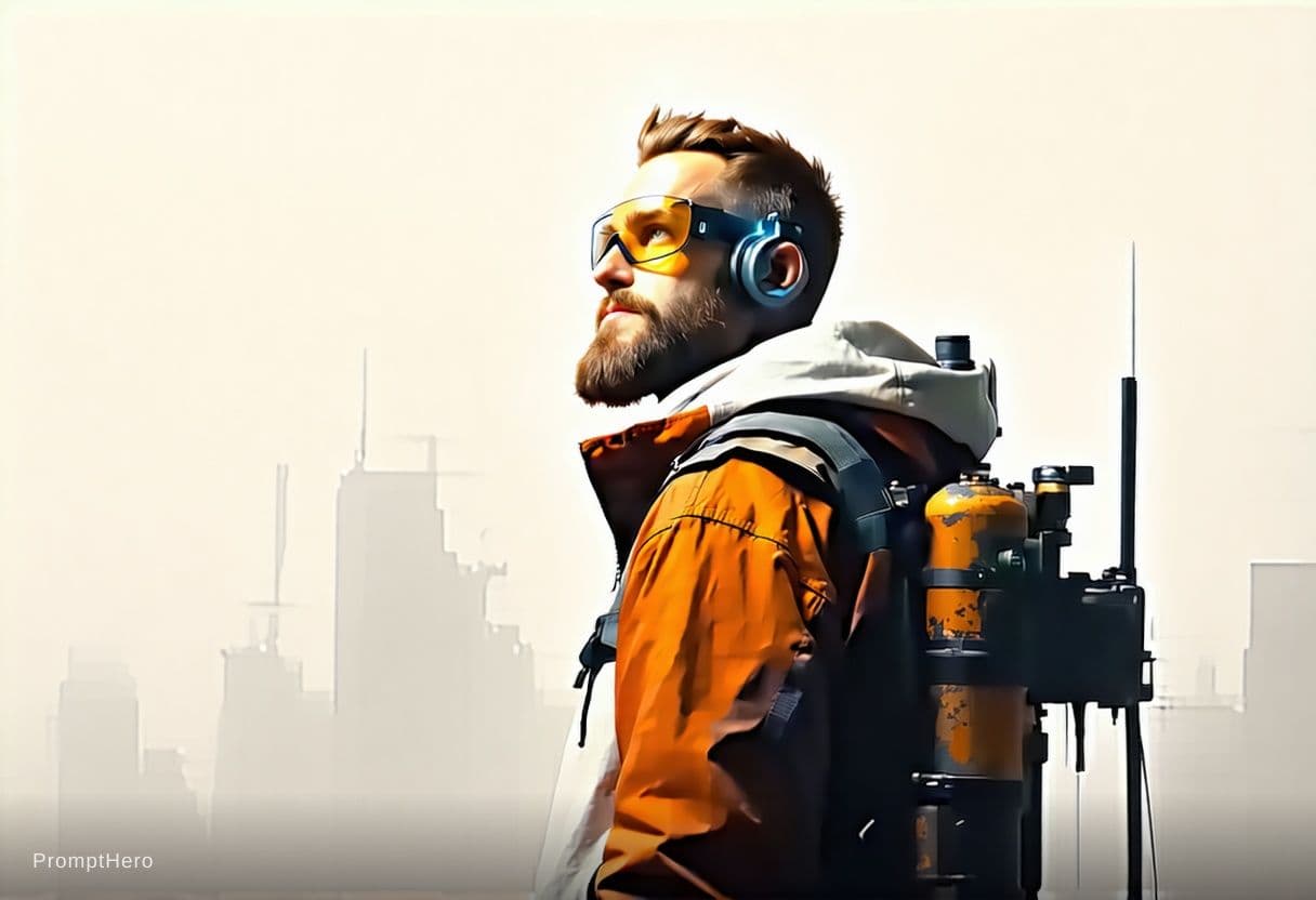 AI generated: High quality portrait of Gordon Freeman from HL2. Art by Makoto Shinkai, Crunchyroll, pixiv, danboor...