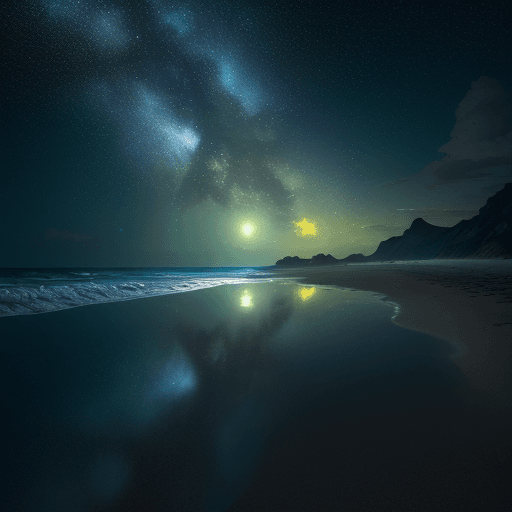 AI generated: At night sky, the beach is covered with blue and green fluorescence, the huge moon, elf light, stars...