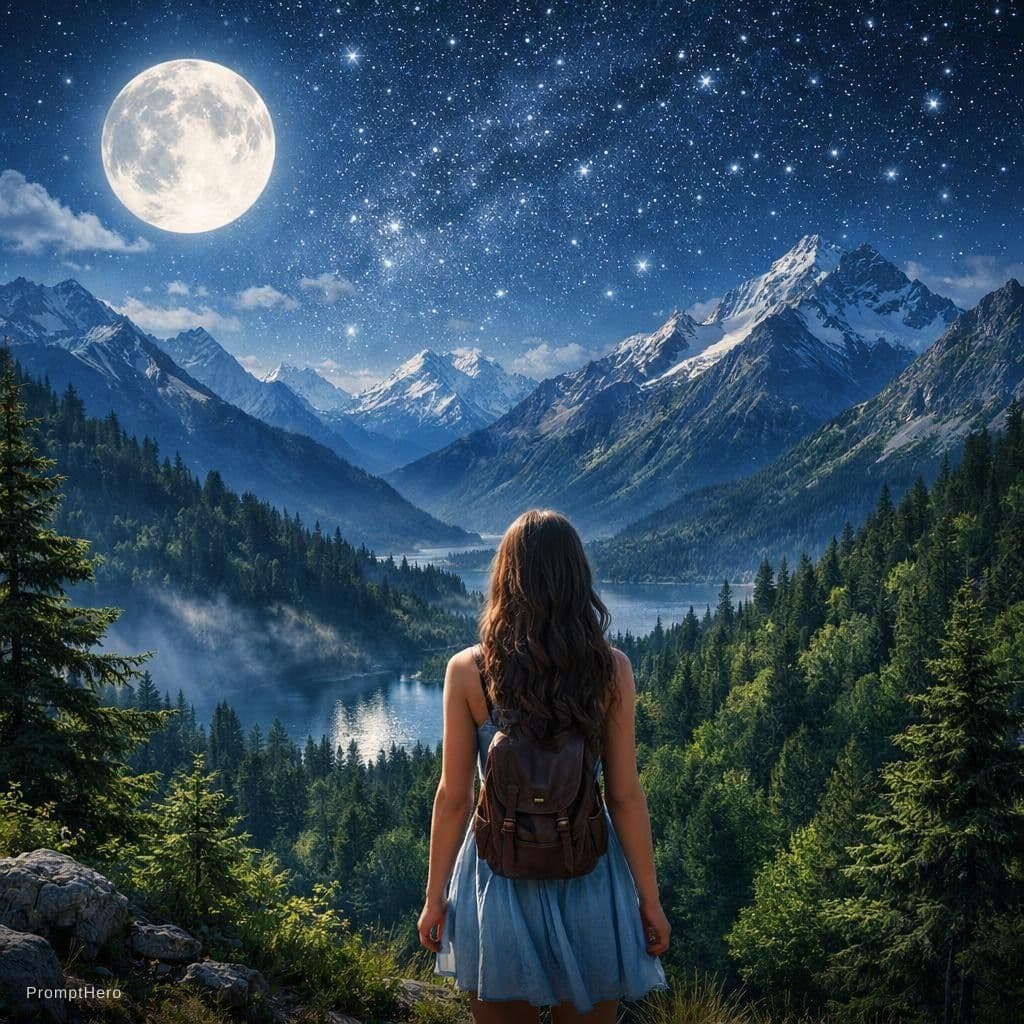 AI generated: "A beautiful landscape with many majestic mountains under a night sky filled with a bright moon and ...
