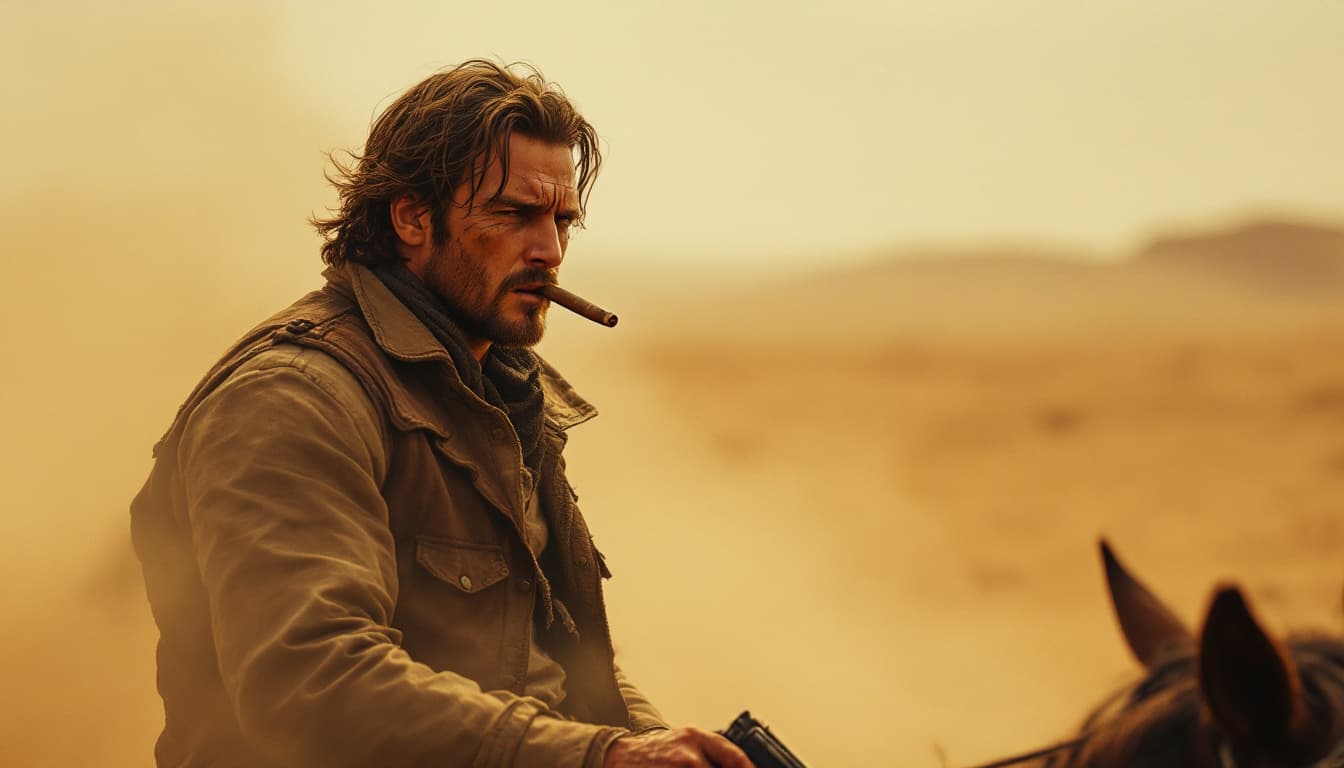 AI generated: george bull, same style, same color, desert , cinematic, dust, grain, burning cigar, leather gilet, ...