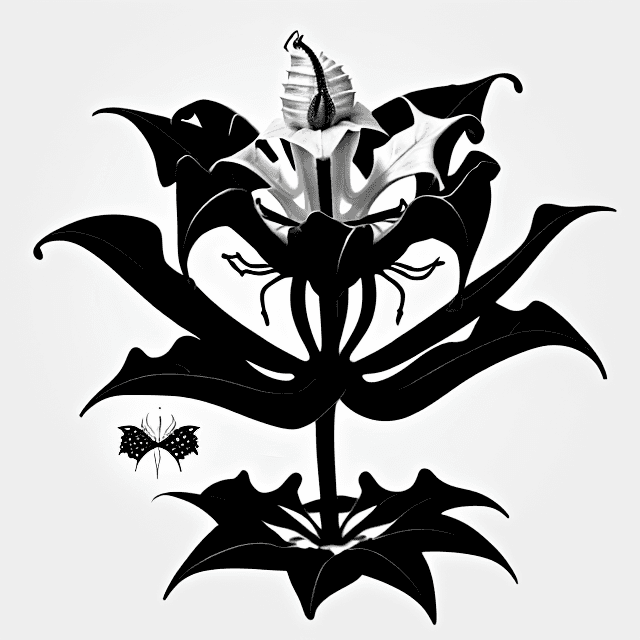 AI generated: Design of a stylized datura flower with a huge maggot on top of the flower , monochrome colors , whi...