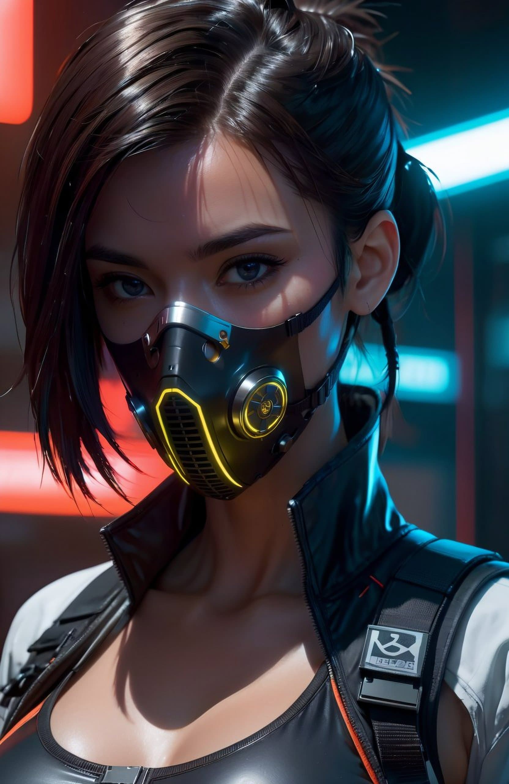 AI generated: beautiful female assassin wearing cyberpunk clothing, respirator, cybernetic respirator, (detailed p...