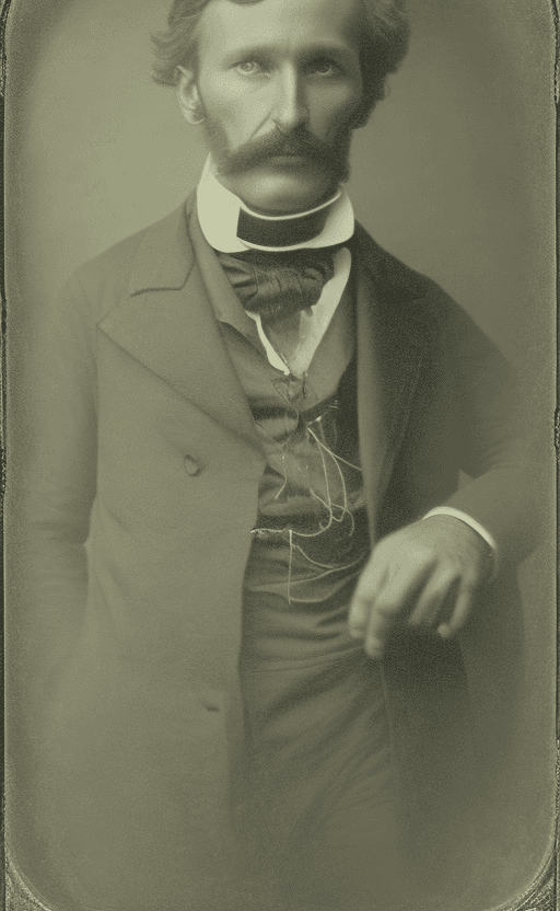 AI generated: Detailed and intricate daguerreotype photograph, elegant Victorian man, looks at viewer, hands in po...