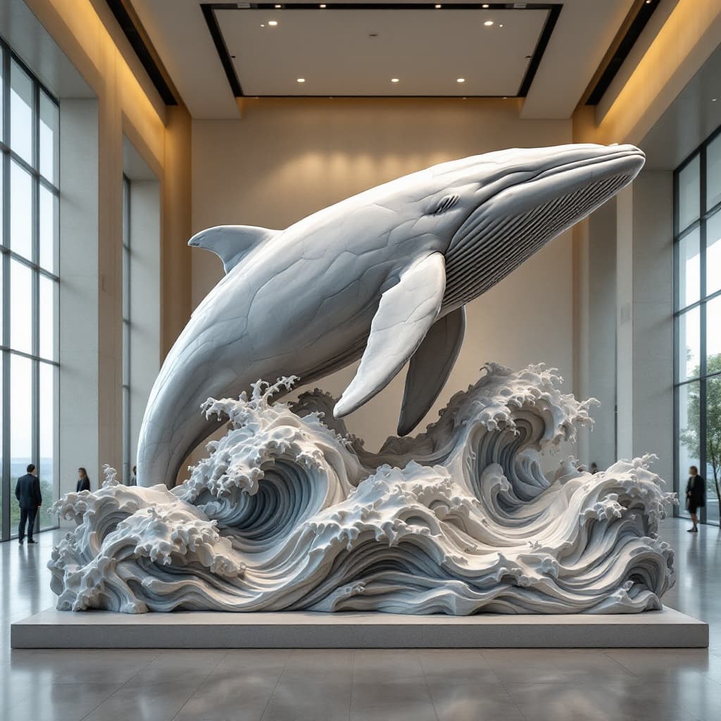 AI generated: A highly detailed, ultra-realistic 3-meter tall stone sculpture of a breaching whale, intricately ca...