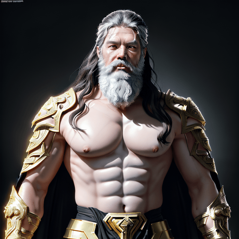 AI generated: God Zeus, God of thunder, lightning, Arnold ,gold black armor, black long hair,  white beard, white ...