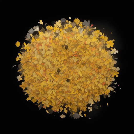 AI generated: multi-colored biohacker pills with flowers, light texture, petals scatter in the wind and a golden g...