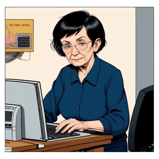AI generated: An elderly woman with short black hair is working on a computer. Comic style

