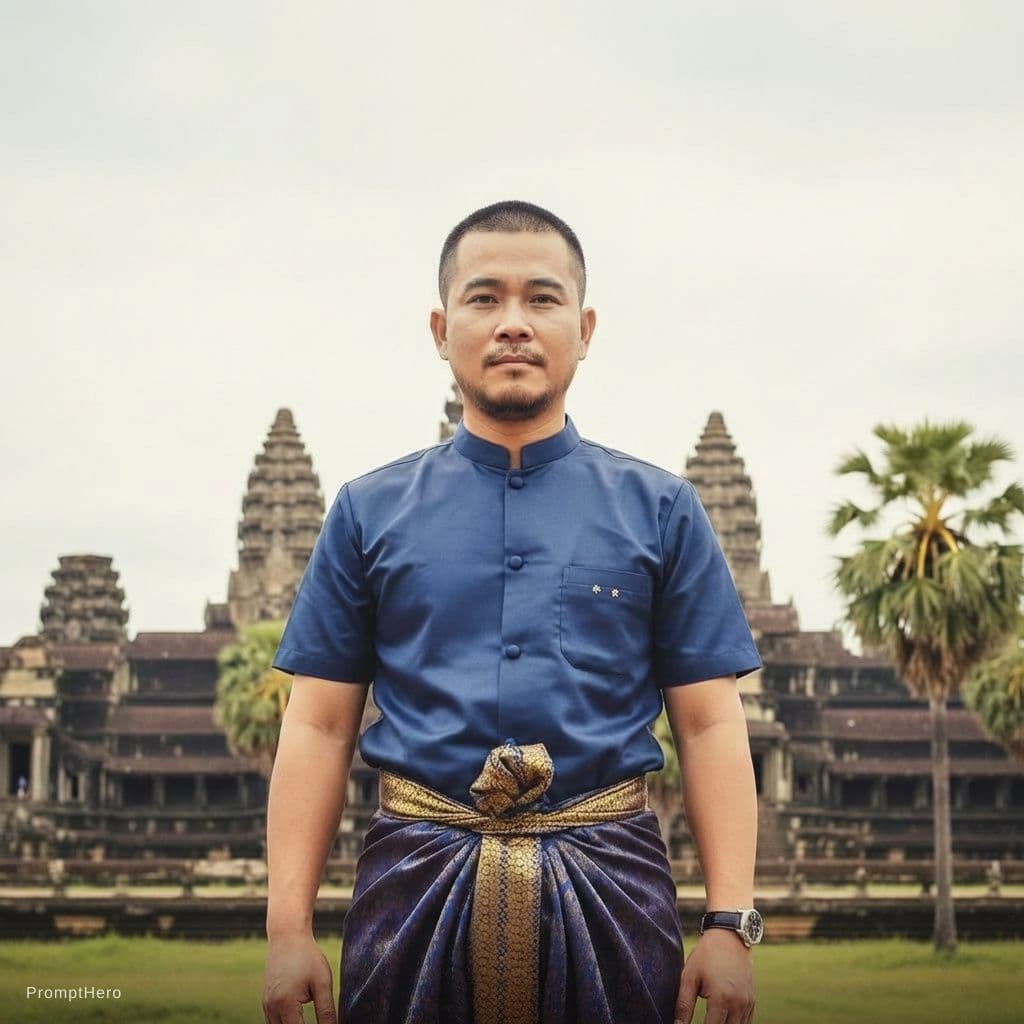 AI generated: Make my hair become shorter 
Wearing KHMER MEN TRADITIONAL CLOTHING 
Keep original face and features...