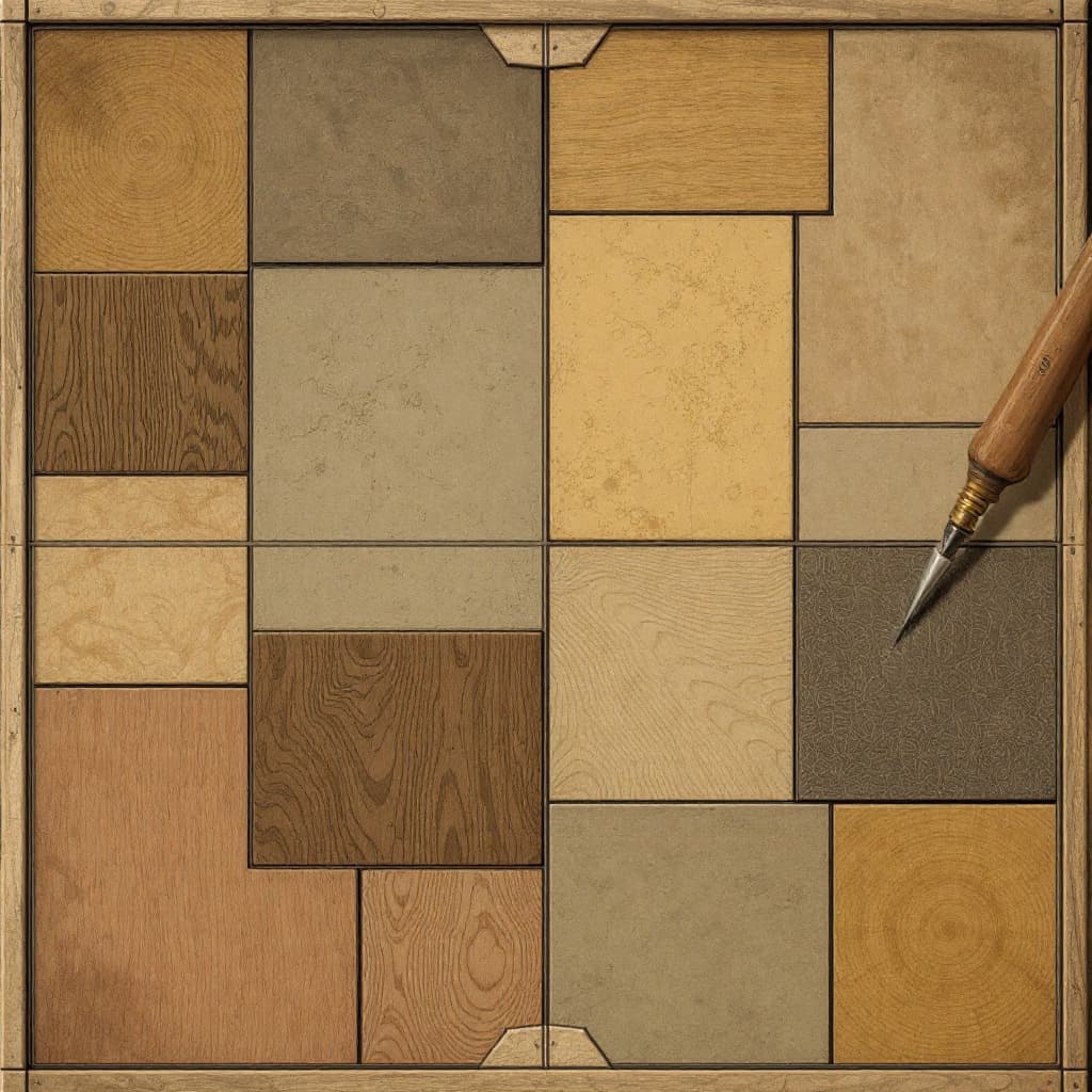 AI generated: Design a game board inspired by an engraver's workbench, with divisions and spaces simulating differ...