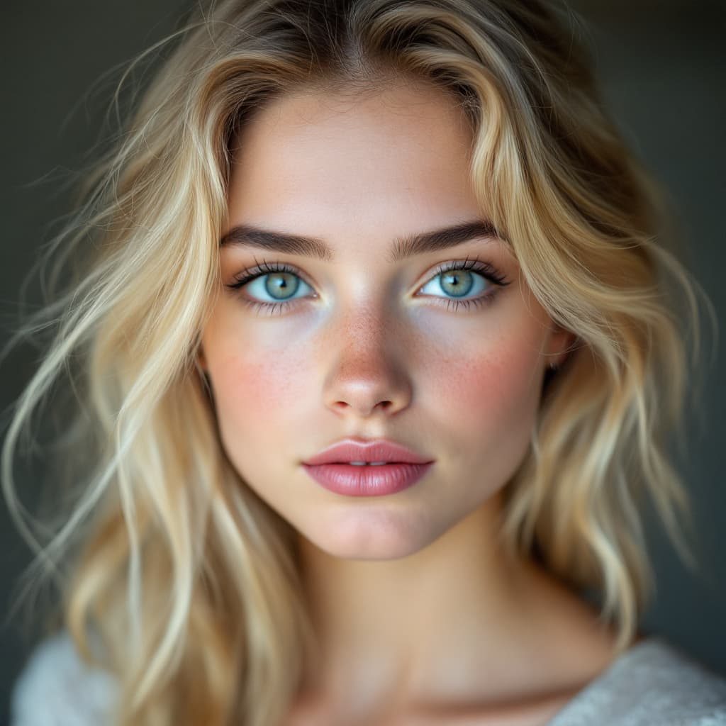 AI generated: 16 year old women, with beautiful blonde hair, pink nice lips, light eyebrows, heterochromia eyes wi...