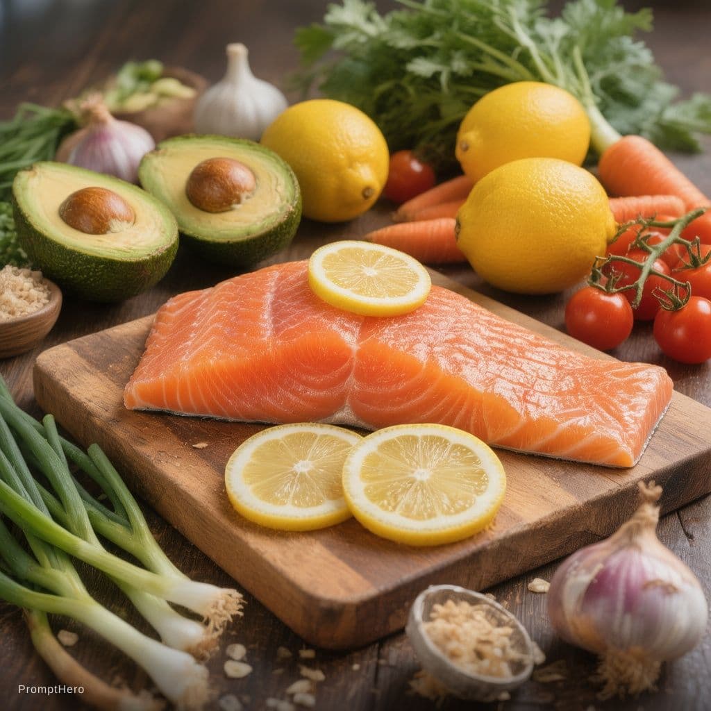 AI generated: Ultra realistic healthy food composition on a dark wooden table, fresh raw salmon fillets on a woode...