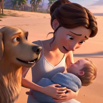 AI generated video: a crying mother hugging a baby and a heroic golden retriever on a beach, tearful and grateful expres...