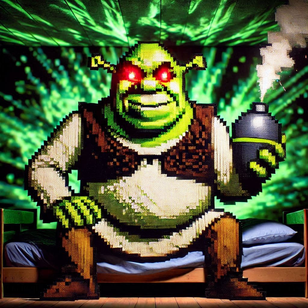 AI generated: representado en caracteres ascii, Shrek es un esqueleto gordo y grande con ojos brillo rojo y de ang...