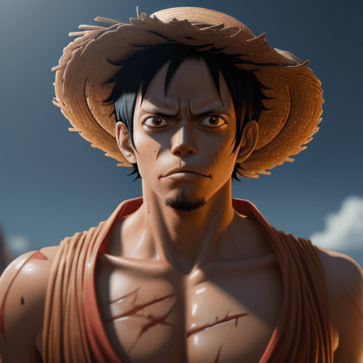AI generated: Monkey D. Luffy, one piece, X-shaped scar on his chest, Straw Hat, symmetrical body, photorealistic ...