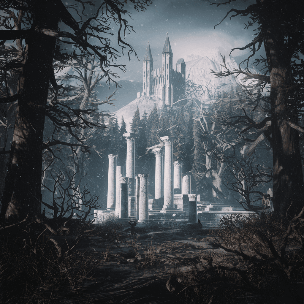 AI generated: A hyperrealistic medieval film scene featuring a forest filled with tall trees and overgrown branche...