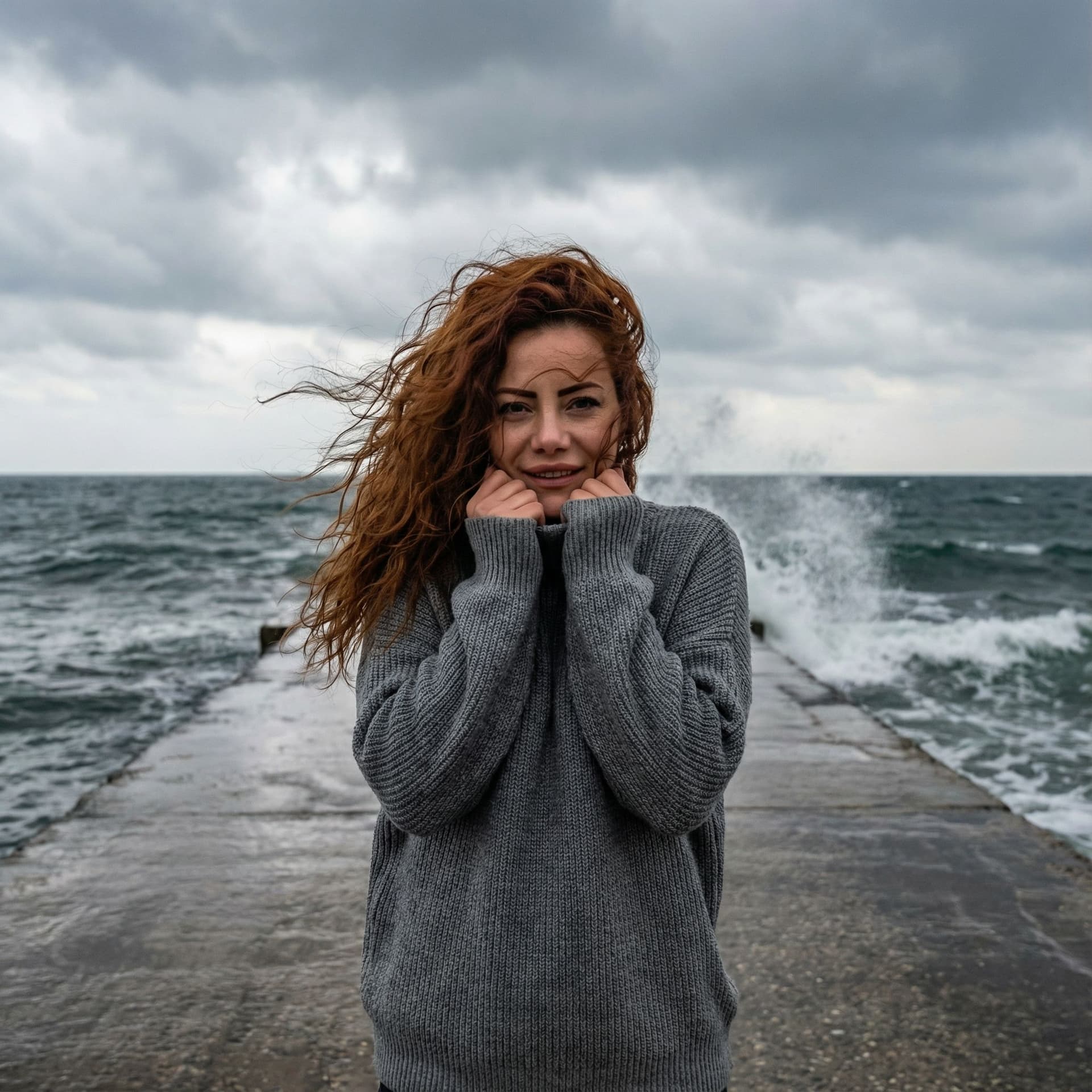 AI generated: A cinematic photo of the uploaded woman on a stormy, gray concrete pier by the ocean. She is wearing...