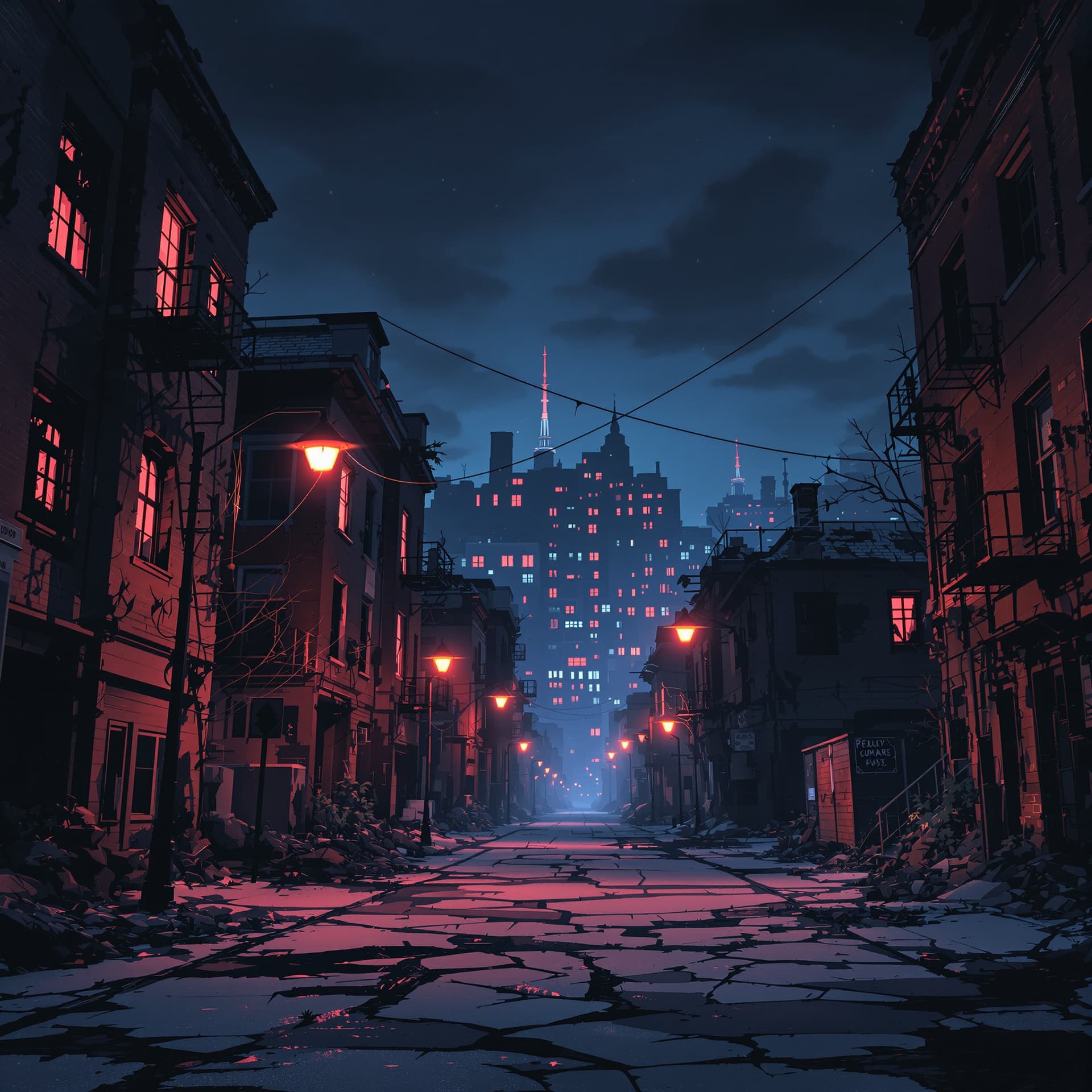 AI generated: front view of A deserted destroyed abandoned urban anime ghetto neighborhood really run down abandon...
