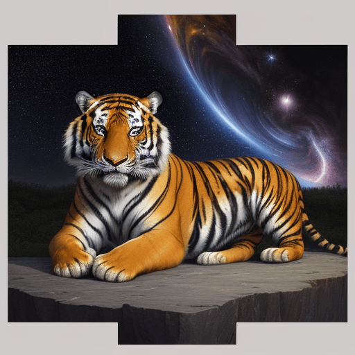 AI generated: The image features an art painting of tiger sitting in a cosmic setting, surrounded by a starry back...