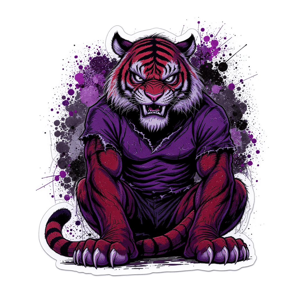 AI generated: Graphic t-shirt design of an evil, aggressive cartoon woolf character sitting down. The tiger has a ...