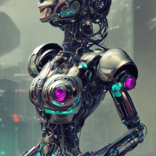 AI generated: beautiful metallic futuristic robot holding bright coloured roses in hand close-up, cyberpunk, intri...