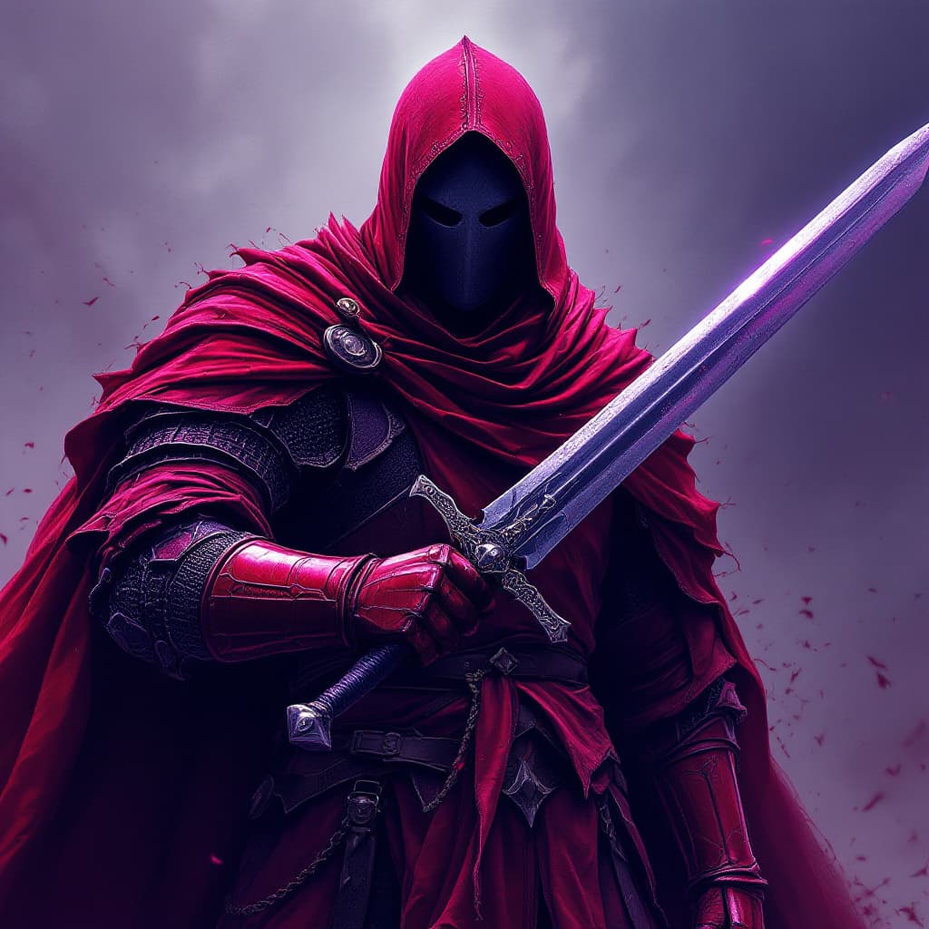 AI generated: a digital art drawing of a medieval knight wielding a one handed sword in front of him, Red and purp...