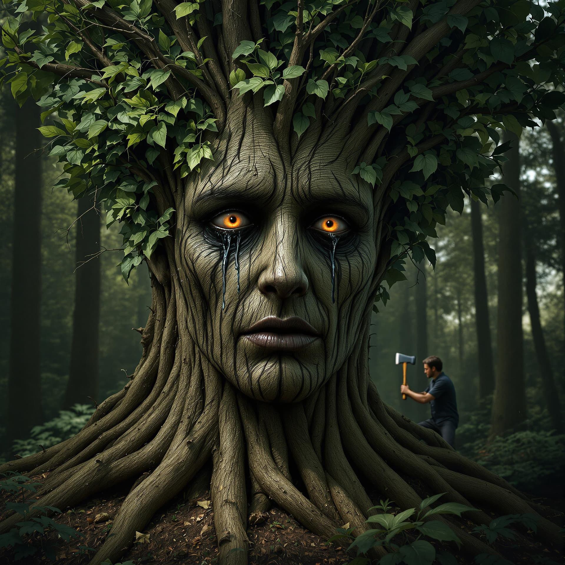 AI generated: Create an image depicting an "arbomorph" face showing deep sorrow as a person cuts the tree. The fac...