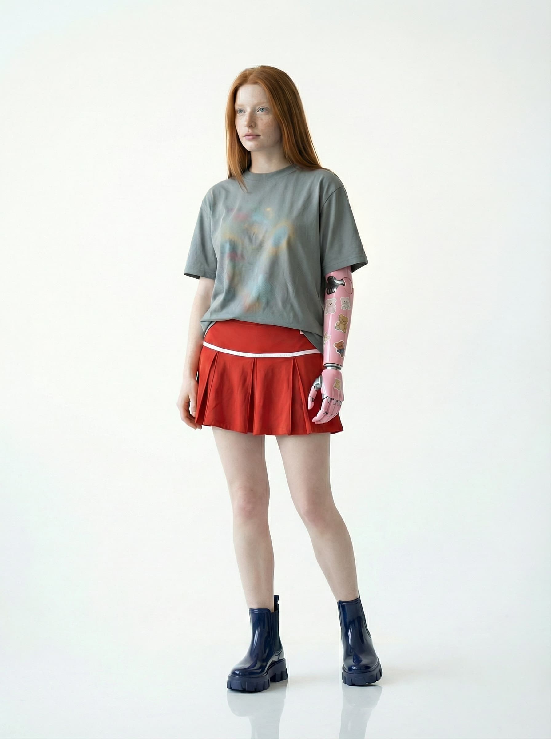 AI generated: hyper-realistic full-body portrait of a young woman with long straight ginger-red hair, freckles acr...