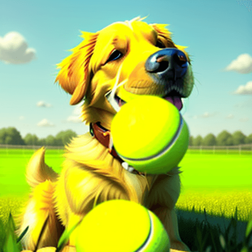 AI generated: Pixar cartoon style, golden retriever, sitting in field, eating tennis ball, realistic 