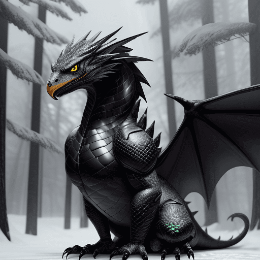 AI generated: handsome cute black dragon in snowy forest, wearing Venom jacket yellow, dnd character, background f...