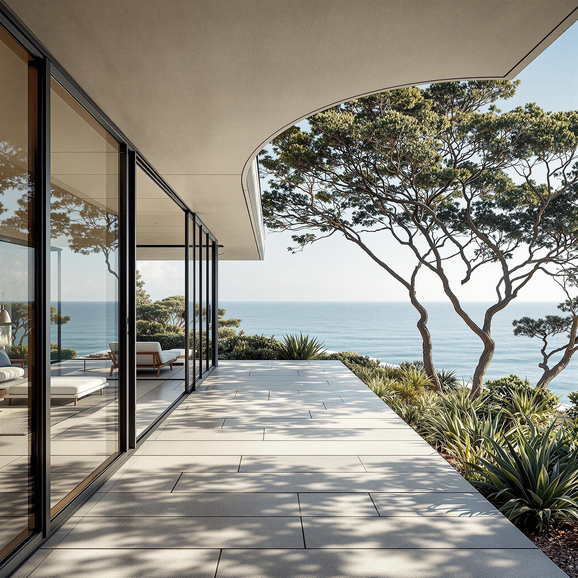 AI generated: Hyper realistic eye level exterior photo of a mid century modern style house overlooking the ocean, ...