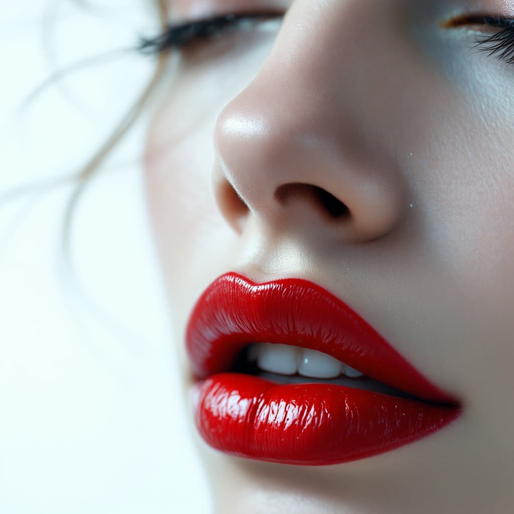 AI generated: A close-up of the red lips and nose of an elegant woman against a white background, in the style of ...