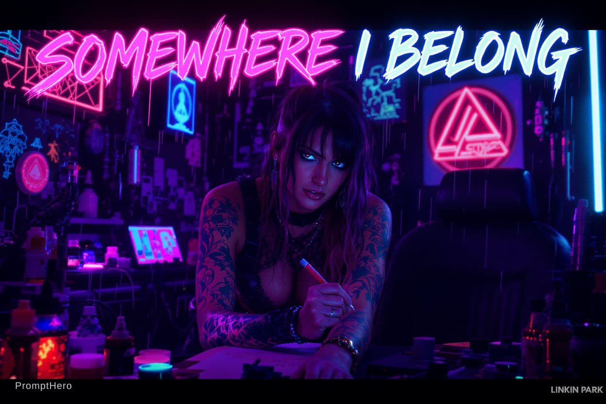 AI generated: A bold and edgy cinematic portrait of a female tattoo artist working in a futuristic cyberpunk studi...