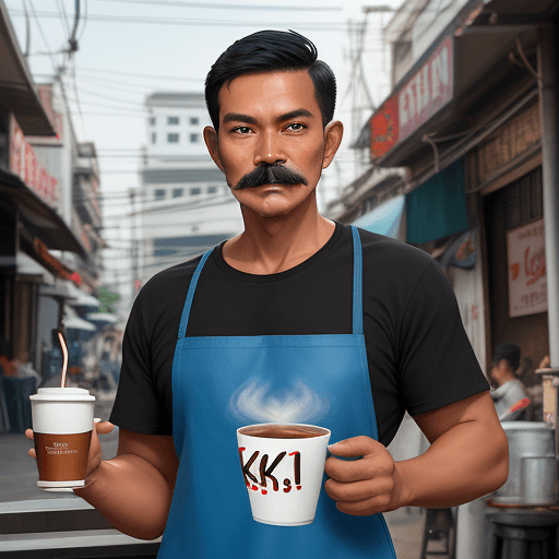 AI generated: airbrush oil paint, shiny skin, Indonesian man with neat short black hair, thin mustache, thin beard...