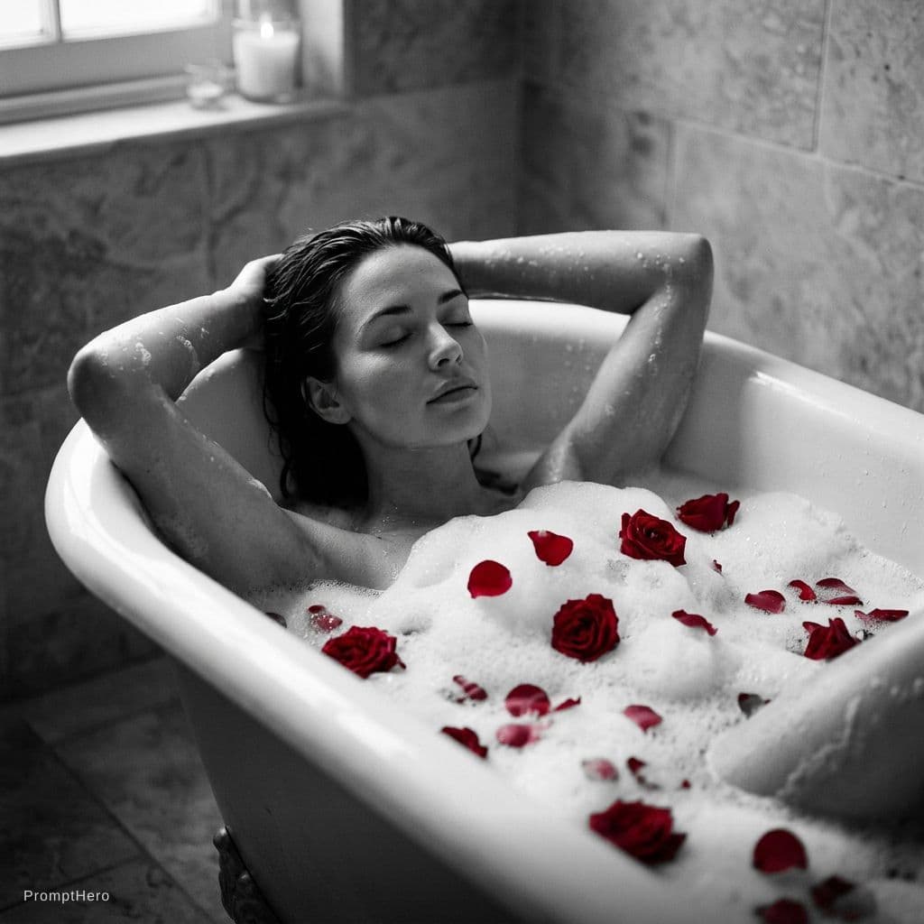 AI generated: A sensual, black and white photograph of a woman reclining in a luxurious bathtub filled with rich, ...